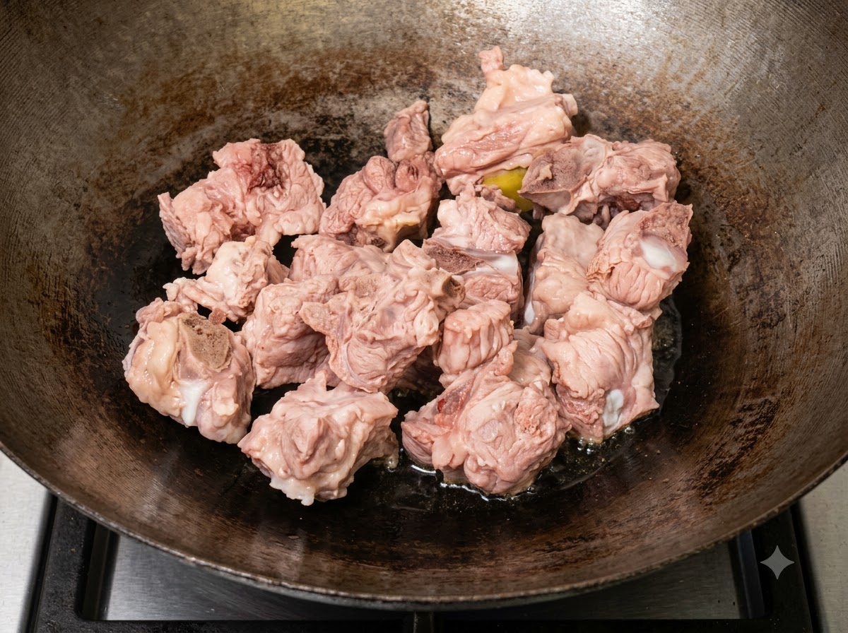 Travers de porc dorés dans lhuile chaude au fond dun wok jusquà lobtention dune surface colorée.