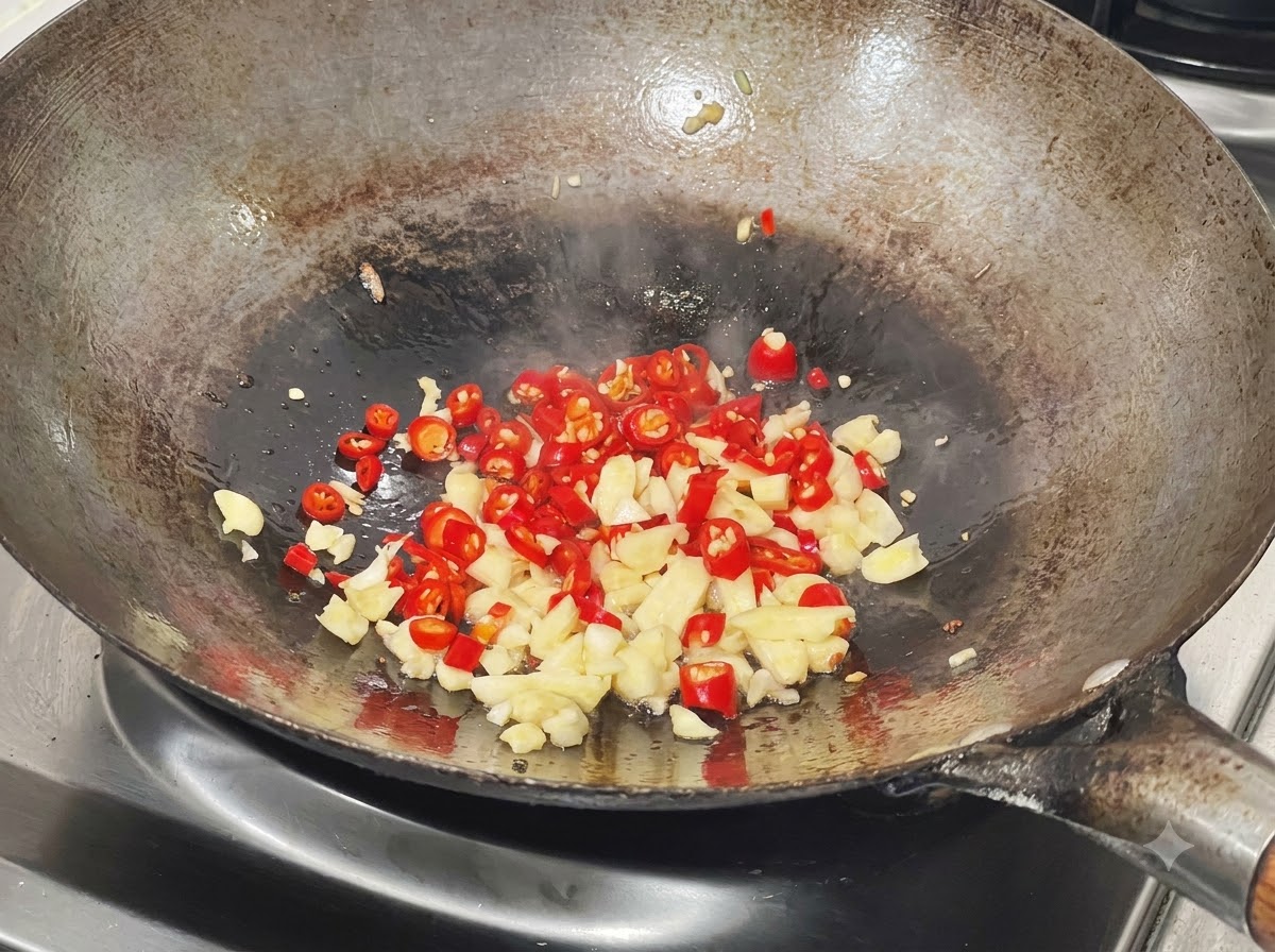 Piments oiseaux hachés et ail en train de suer dans le wok avec le reste dhuile de cuisson.