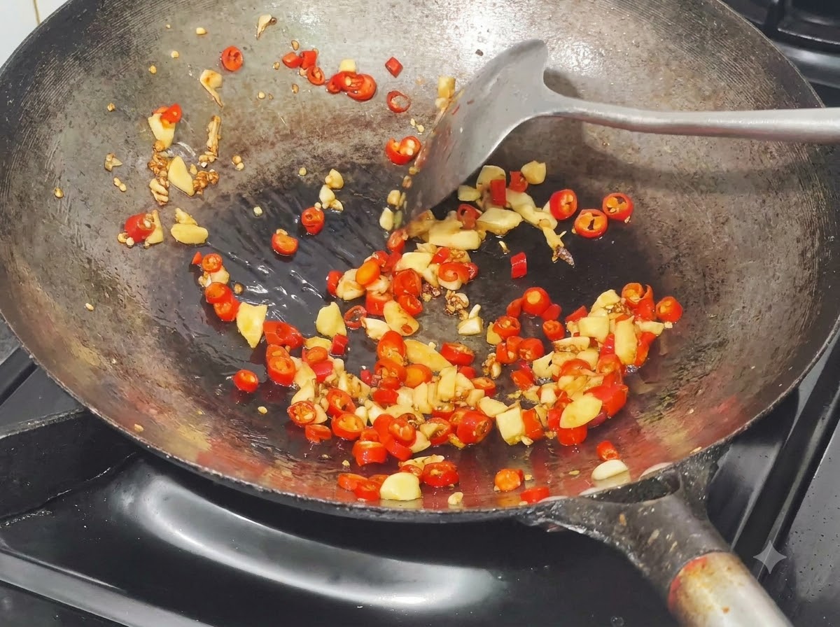 Le mélange de sauce préparé versé dans le wok contenant les piments et lail frits.