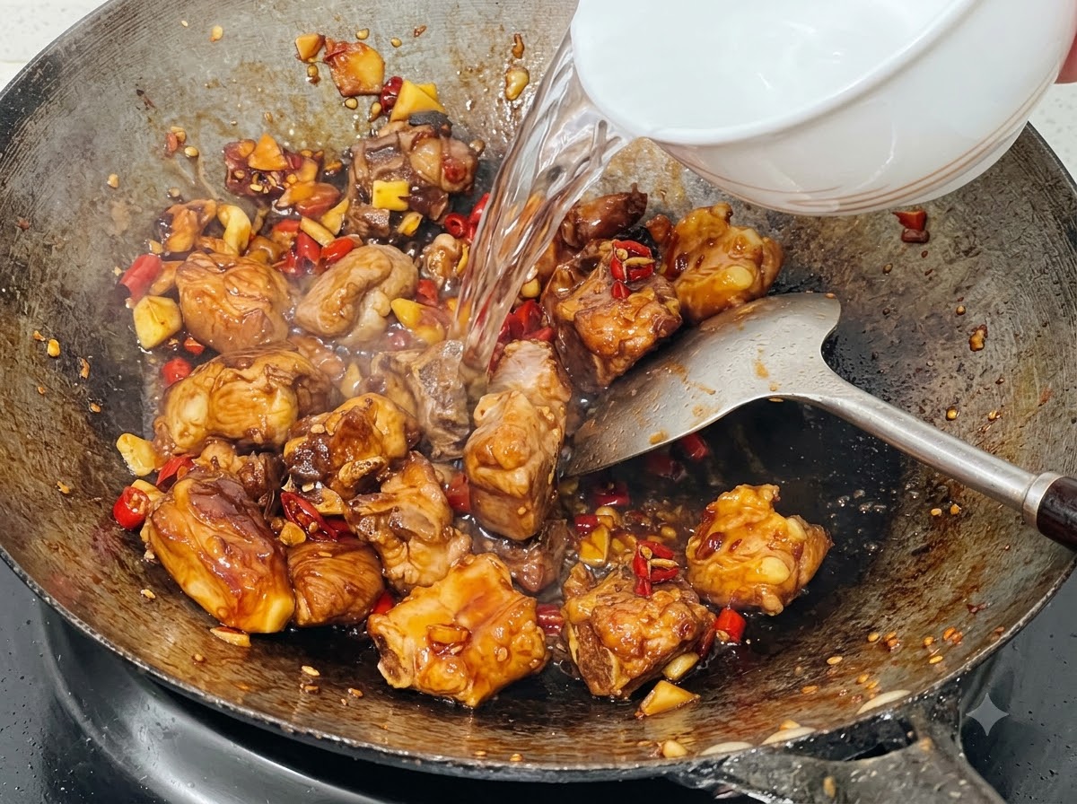 Eau propre versée depuis un bol blanc dans le wok rempli de travers de porc, de sauce et de piments.