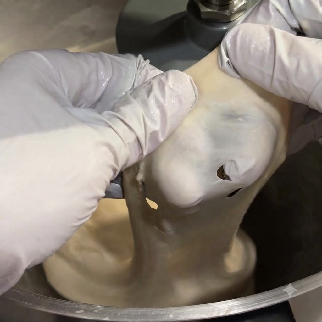 Mains gantées de blanc étirant un morceau de pâte lisse pour démontrer lélasticité du gluten.