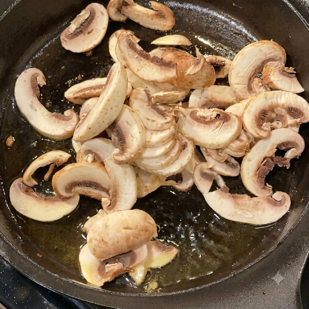 Tranches de champignons de Paris frais en train de grésiller et de cuire dans une poêle en fonte foncée avec de lhuile.