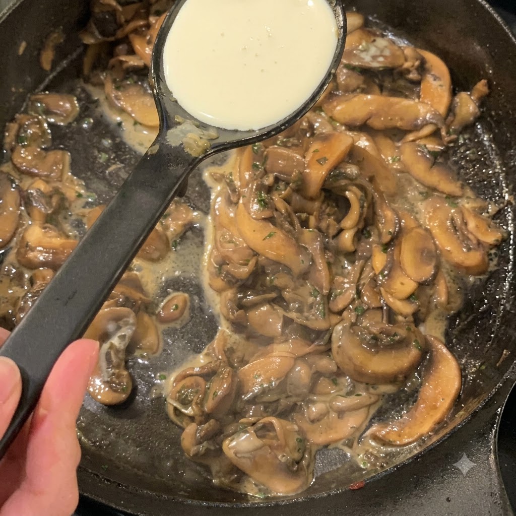 Une louche versant de la crème entière dans une poêle de champignons sautés et dassaisonnements.