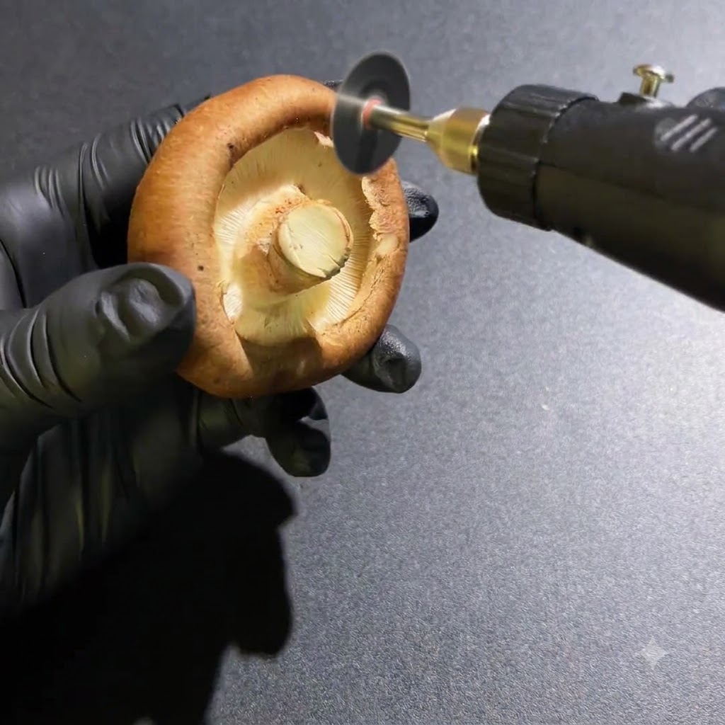Des mains gantées utilisant un outil rotatif pour tailler le pied inférieur dun champignon frais.