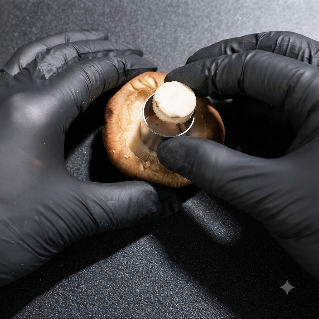 Un emporte-pièce circulaire en métal utilisé pour évider le centre dun chapeau de champignon.