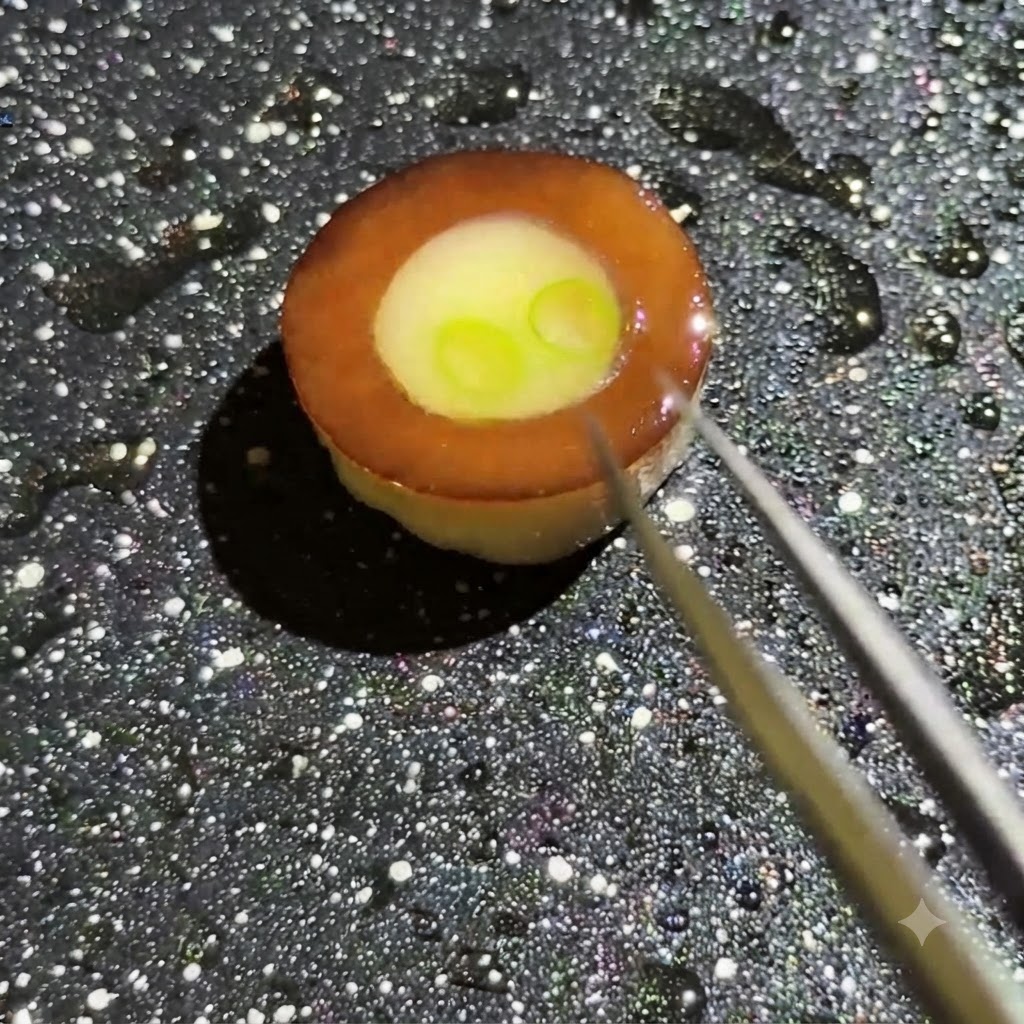 Vue rapprochée dune pince plaquant méticuleusement de petites tranches de ciboulette verte sur la garniture liquide dœuf à lintérieur de lanneau de champignon dans une poêle.
