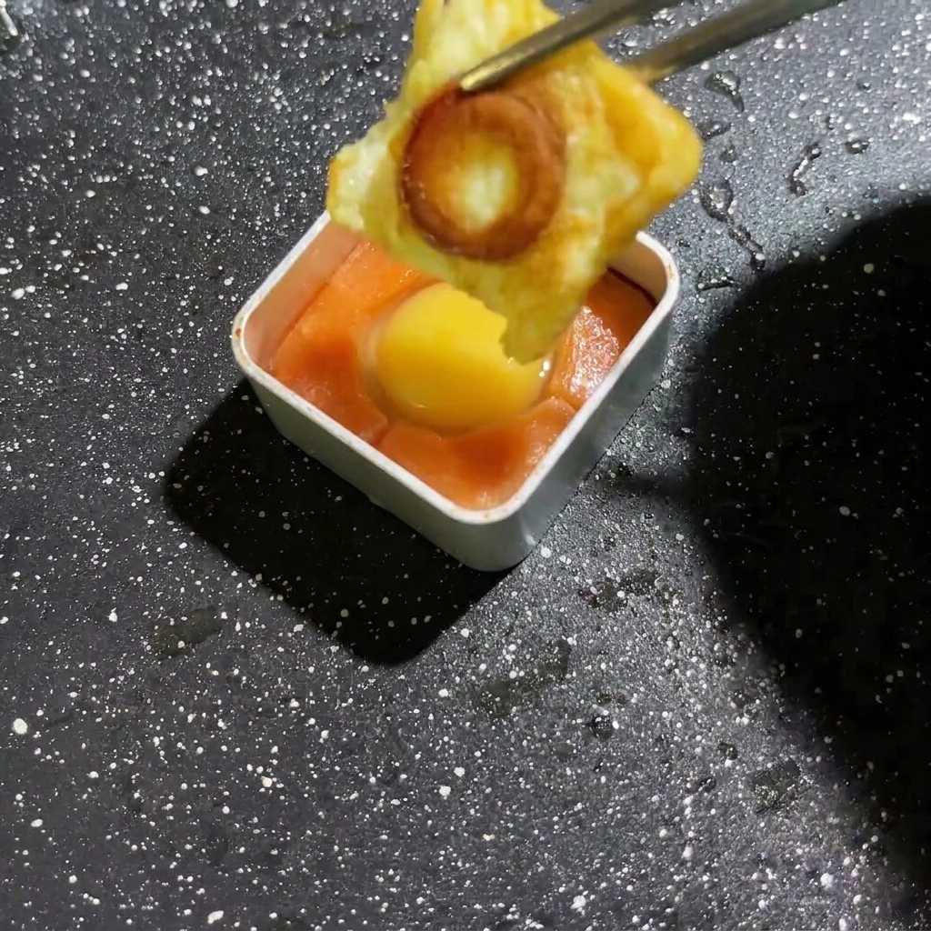 Du liquide dœuf versé dans un moule contenant un morceau de champignon cuit.