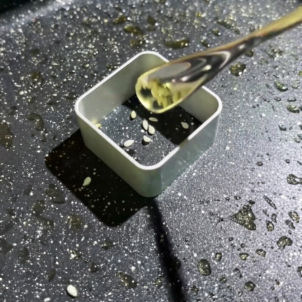De la pâte à frire mélangée à des graines de sésame blanc versée dans un moule carré.