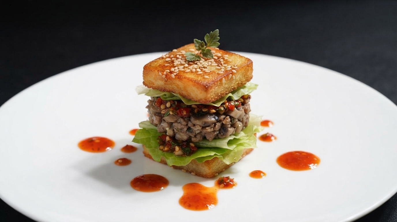 Un mini burger dœuf doté dun pain doré au sésame, de laitue fraîche et de couches savoureuses sur une assiette blanche immaculée.