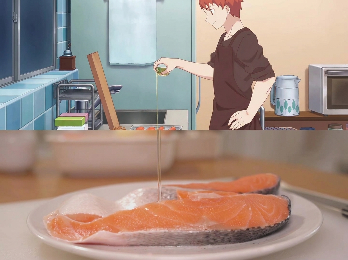 Versement de saké à partir dune petite bouteille sur des filets de saumon crus dans une assiette blanche.