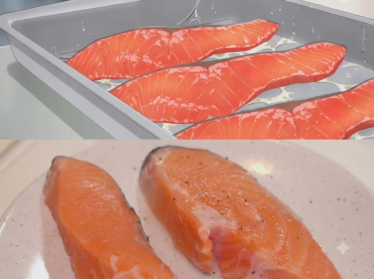 Gros plan de filets de saumon assaisonnés dune pincée de sel et de poivre noir.