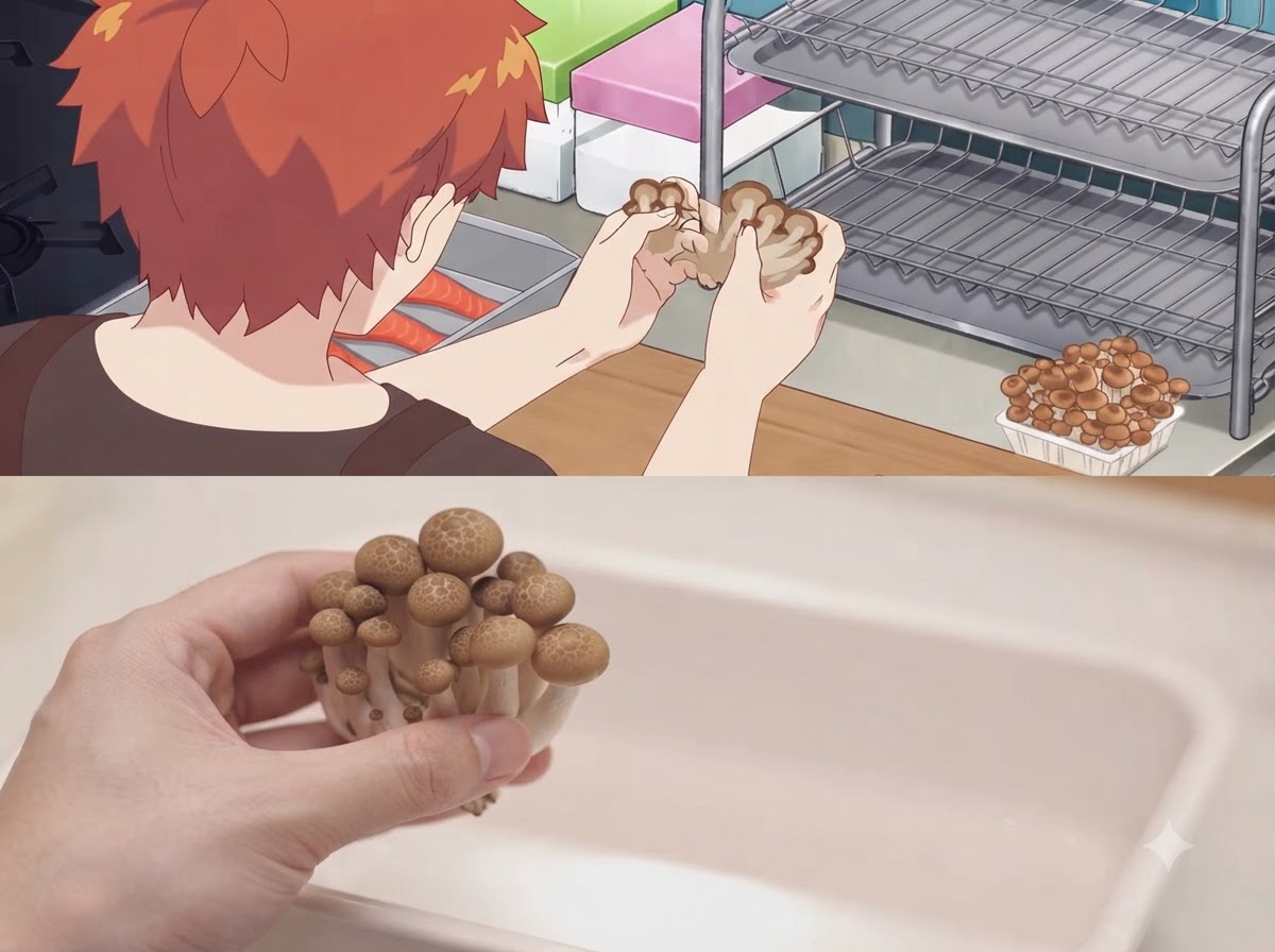 Mains séparant une grappe de champignons shimeji en portions plus petites.