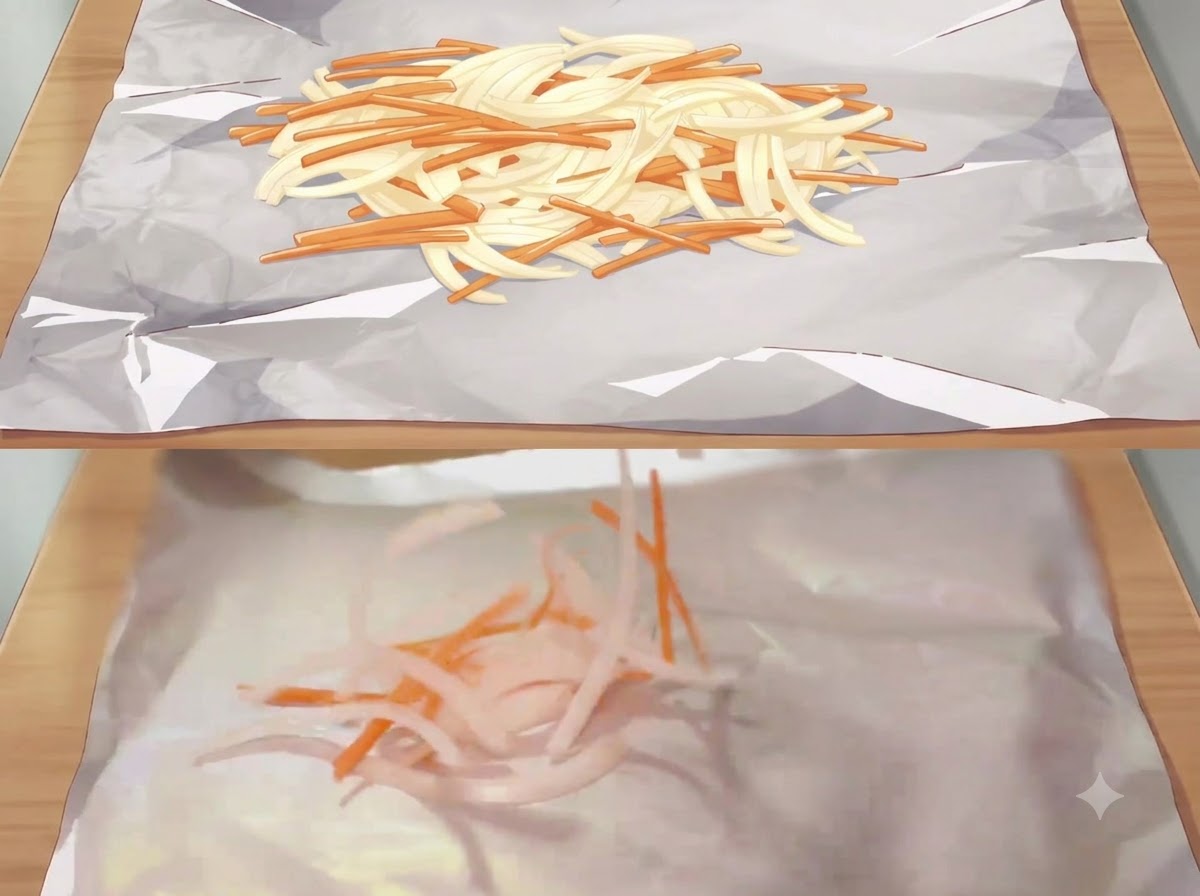 Une pile doignons blancs émincés et de carottes orange dispersés sur une feuille de papier daluminium brillante.
