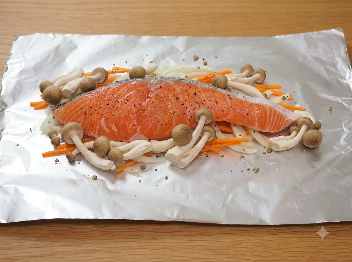 Filet de saumon frais placé au centre sur un lit de légumes entouré de champignons shimeji bruns sur du papier daluminium.