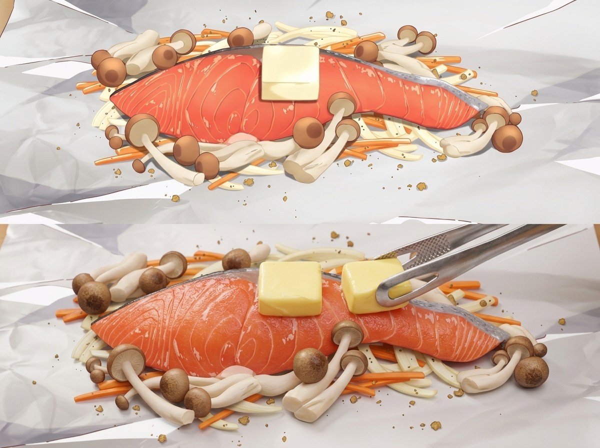 Une petite noisette de beurre carrée positionnée sur la surface supérieure dun filet de saumon cru à laide de pinces métalliques.