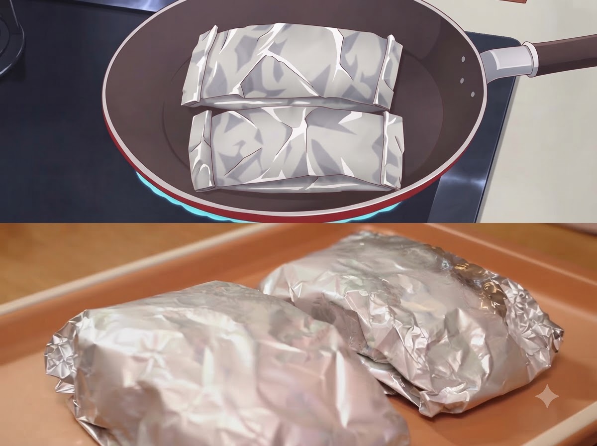 Papillotes en aluminium scellées posées dans une poêle de cuisson sombre et sur une plaque de cuisson.