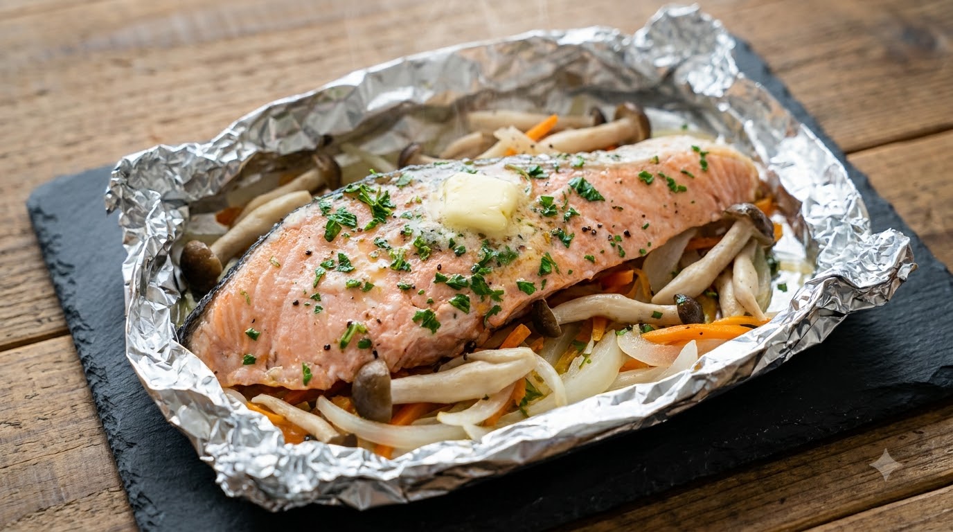 Saumon en Papillote aux Champignons Shimeji