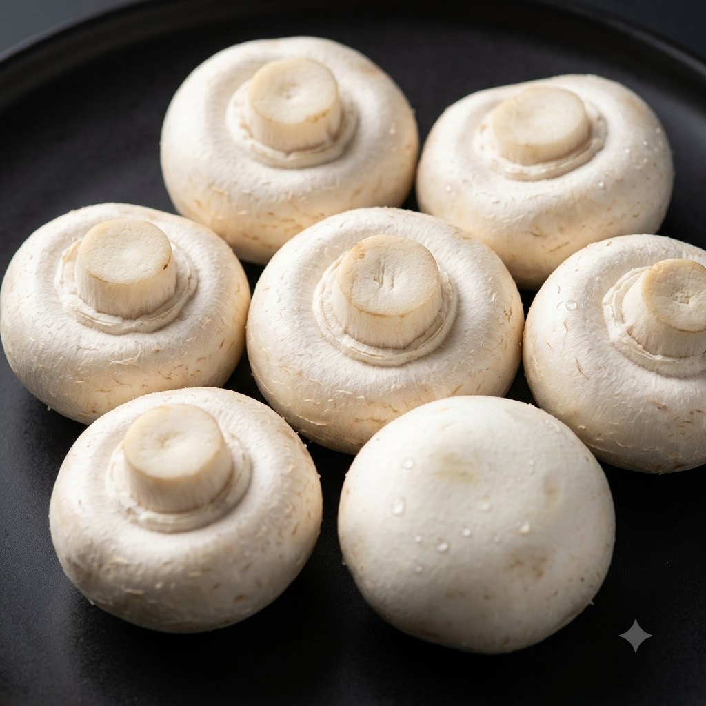 Champignons de Paris blancs frais et entiers disposés sur une assiette sombre.