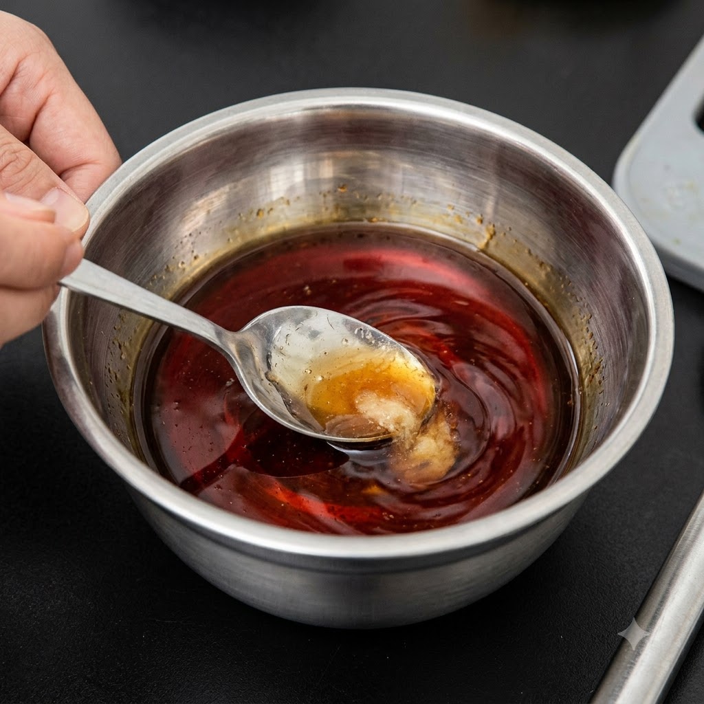 Sauce soja et miel mélangés ensemble dans un bol en acier inoxydable avec une cuillère.
