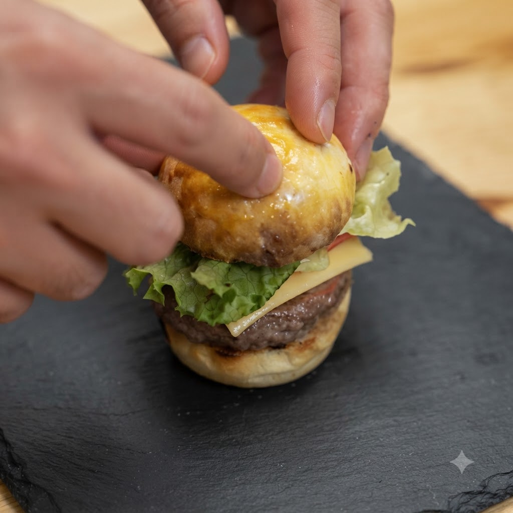 Deux mains tenant et fixant un mini burger de champignons assemblé avec un cure-dent sur une planche en ardoise noire.