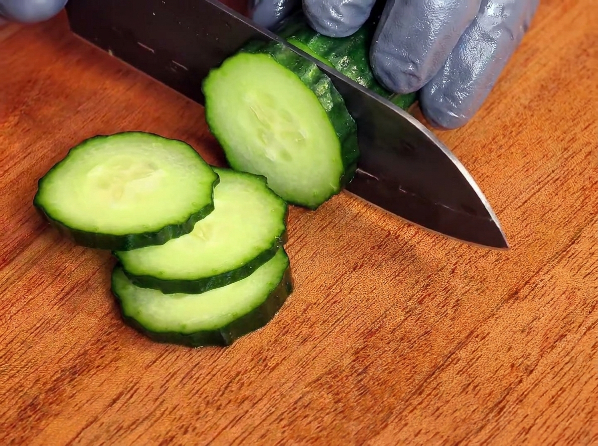Un concombre coupé en rondelles sur une planche en bois.