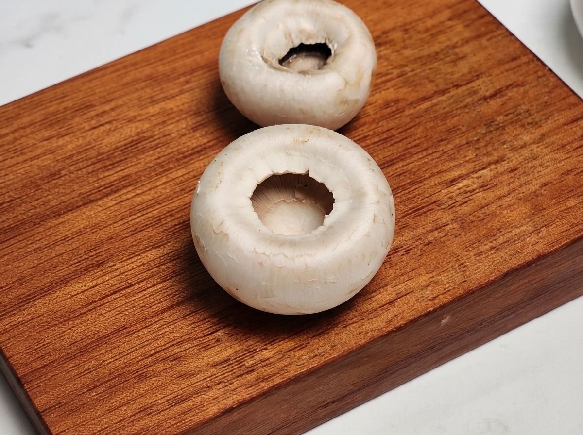 Pâte de crevettes ajoutée au centre des cavités des chapeaux de champignons de Paris.