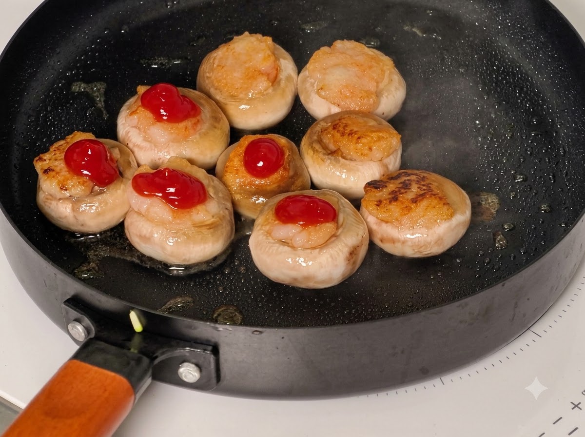 Tranches de concombre, laitue et tomates disposées sur les chapeaux de champignons nappés de ketchup dans une poêle.
