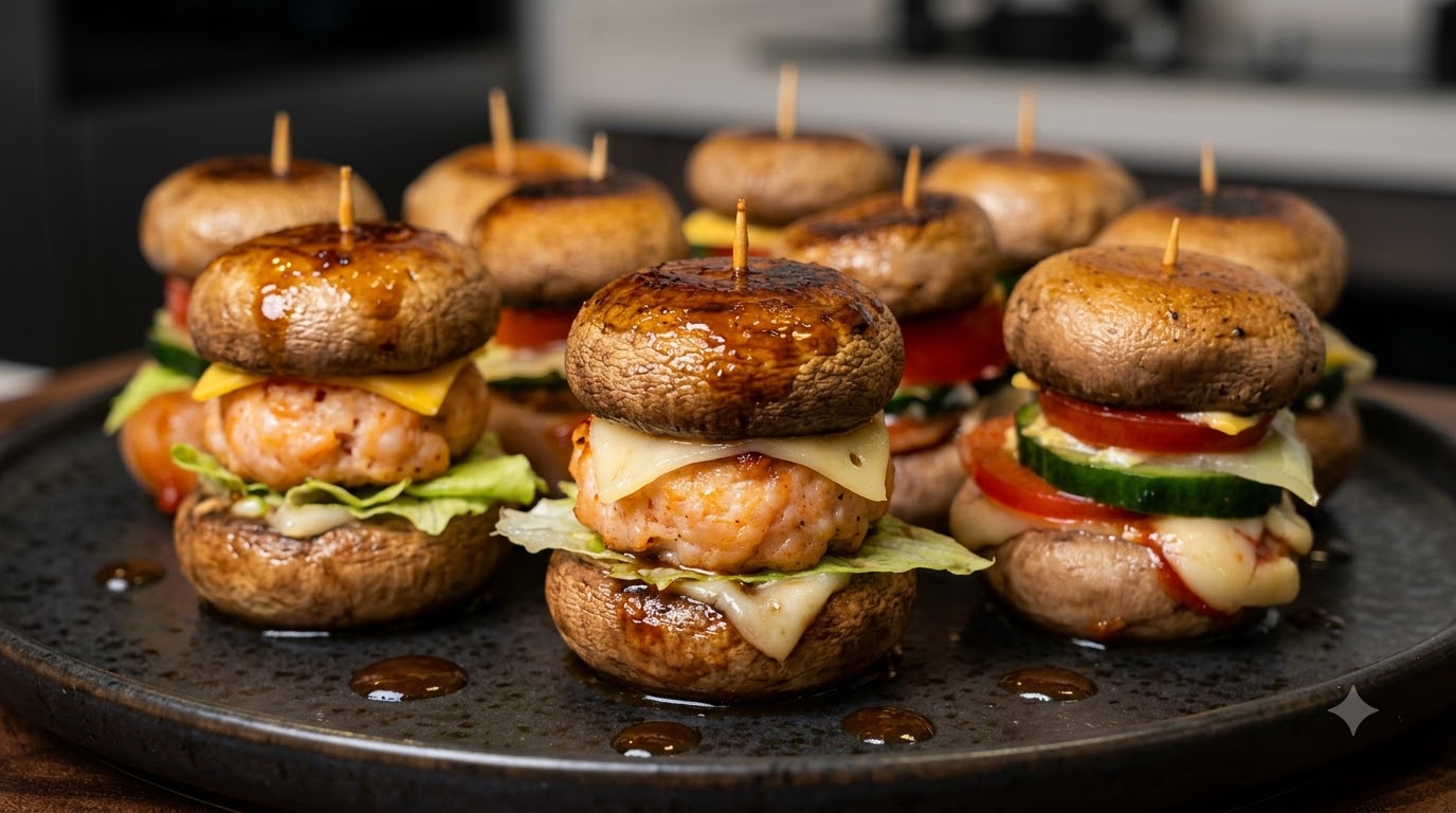 Mini-burgers de champignons farcis aux crevettes