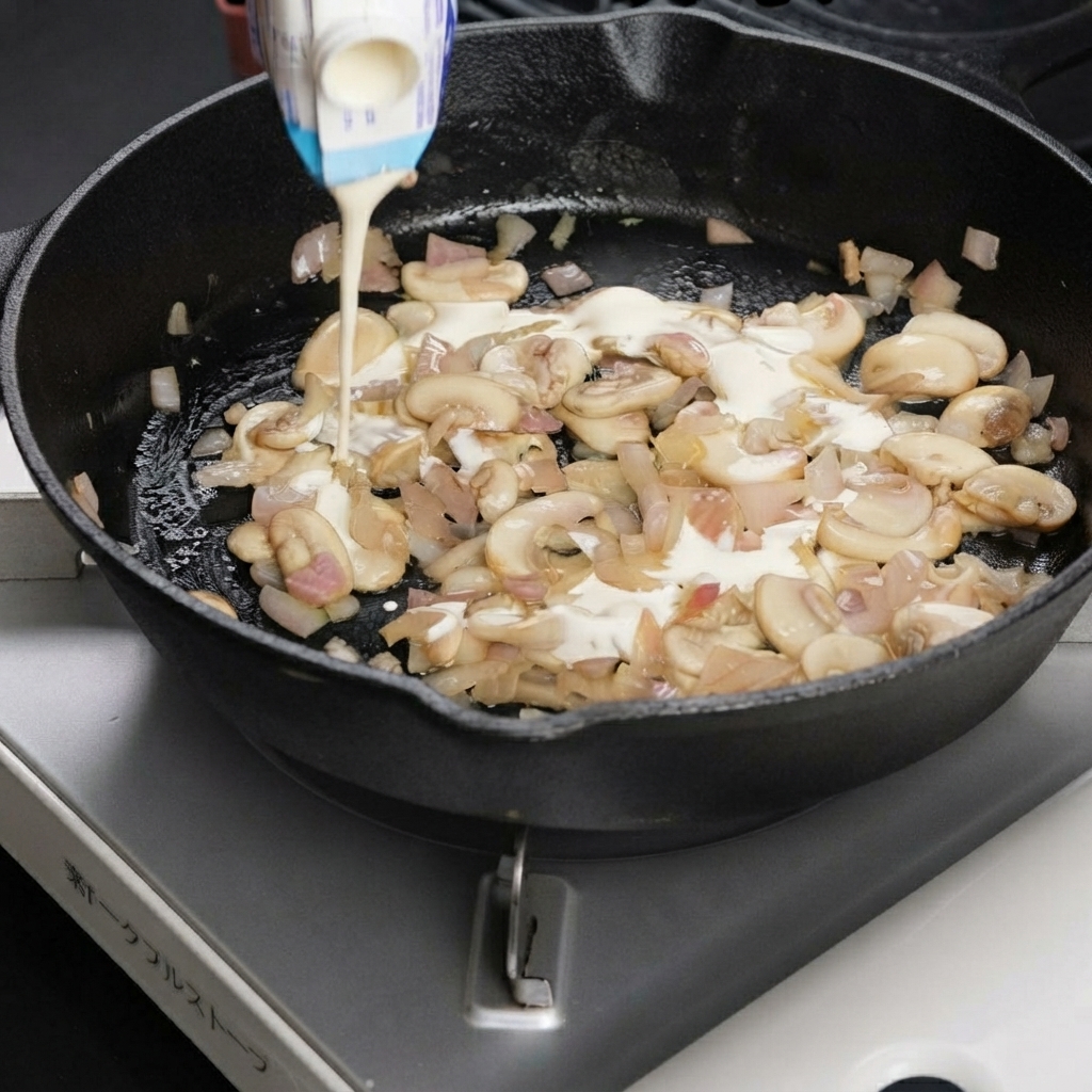 De la crème versée depuis un récipient dans une poêle contenant des champignons et des oignons sautés.