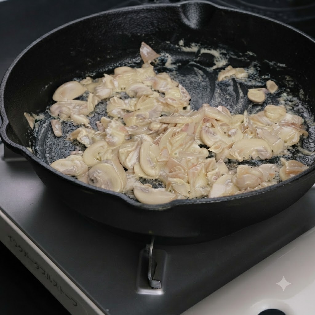Du poivre noir moulu au-dessus dune sauce aux champignons et à la crème qui mijote dans une poêle.