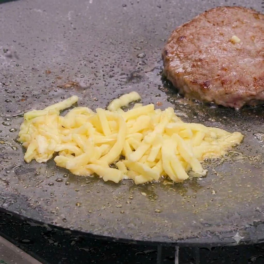 Du fromage mozzarella râpé fondant de manière homogène sur un steak de bœuf chaud dans une poêle.