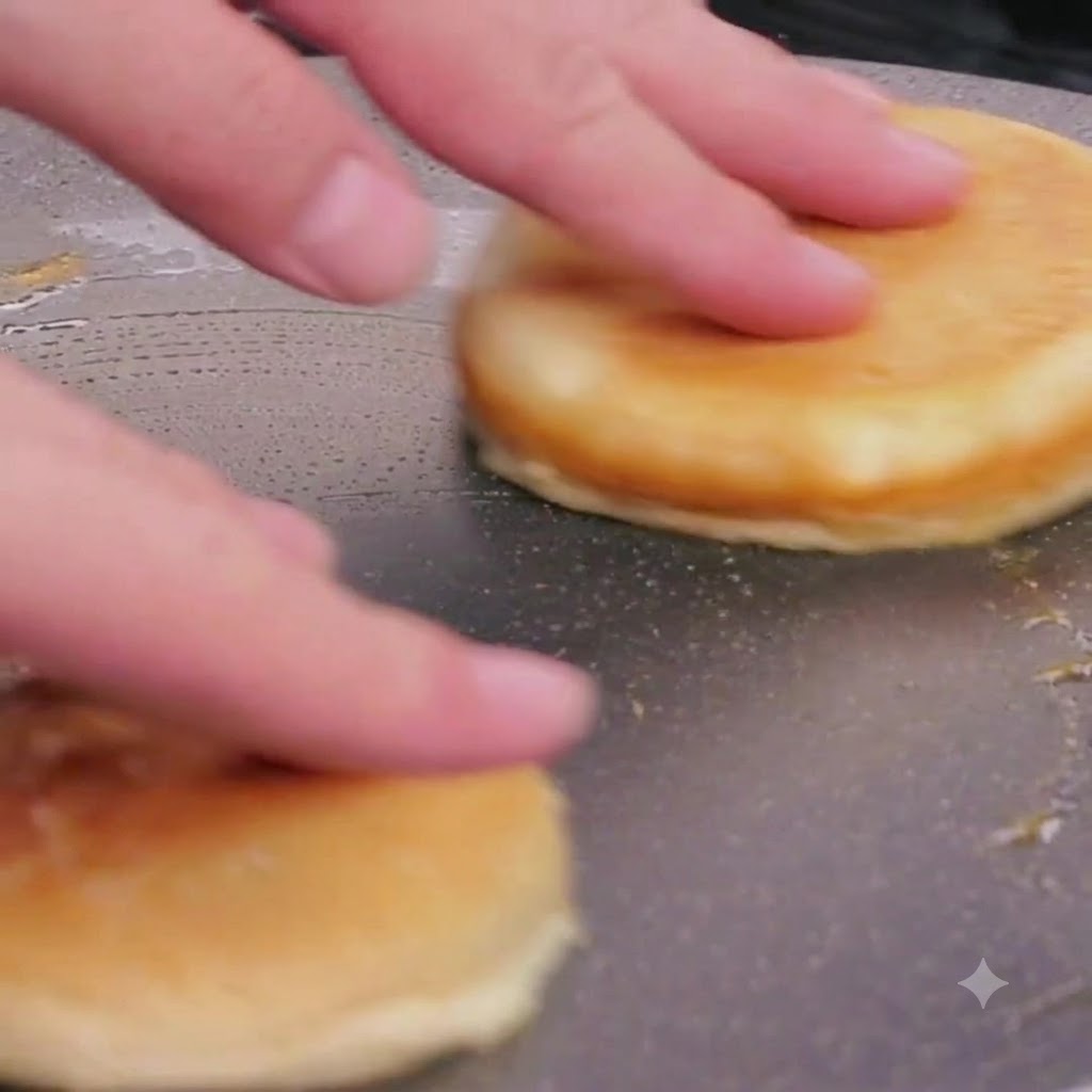 Des moitiés de pain à burger en train de toaster face contre terre dans les sucs de cuisson à feu doux.