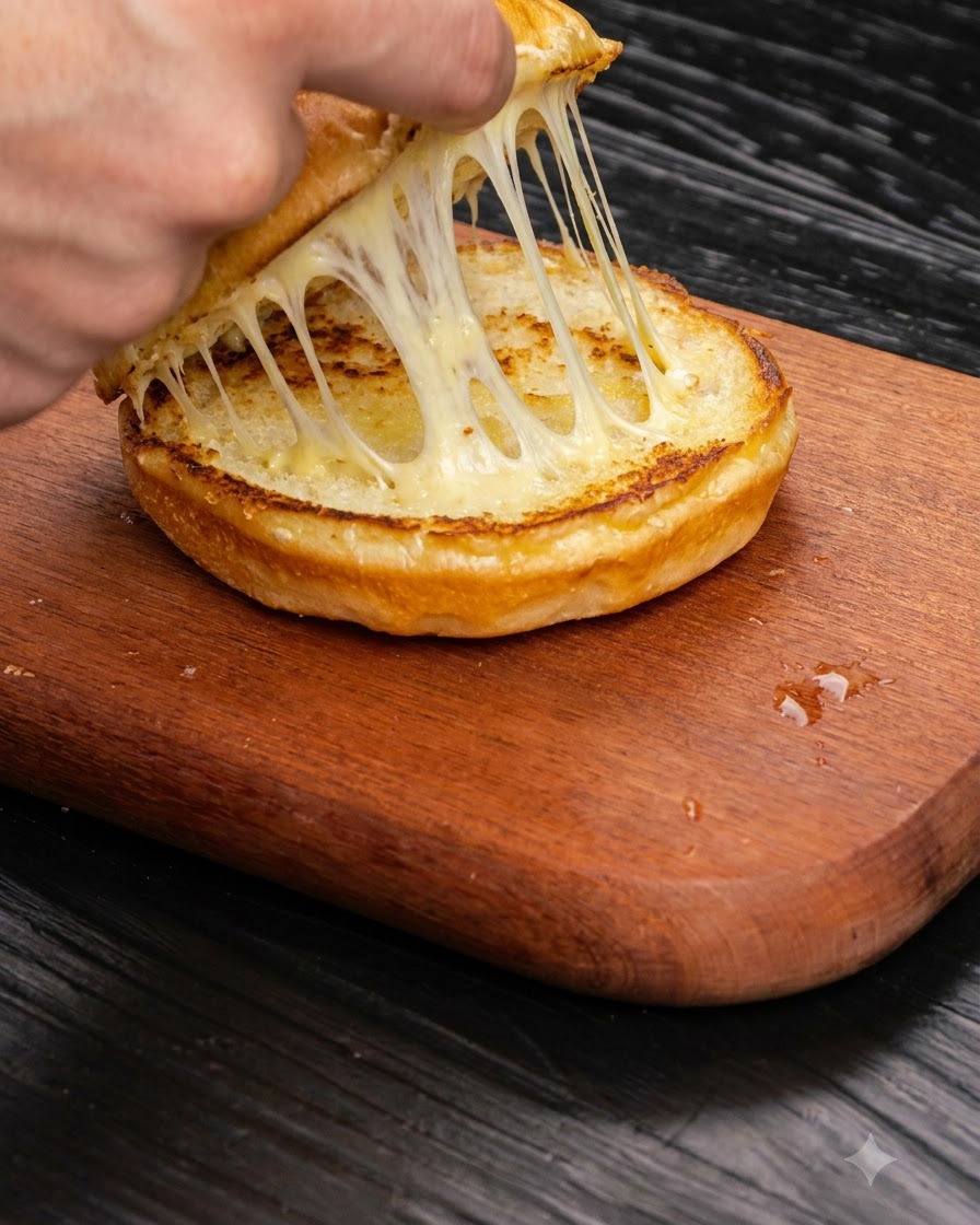 Un steak de bœuf au fromage transféré sur un pain à burger toasté posé sur une planche à découper en bois.