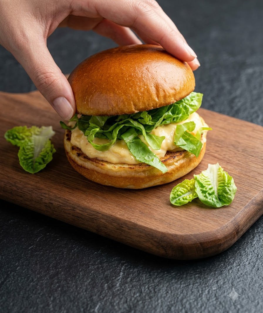 Une main tenant le pain supérieur juste au-dessus des couches assemblées du burger avec de la sauce crémeuse et de la laitue sur une planche en bois.
