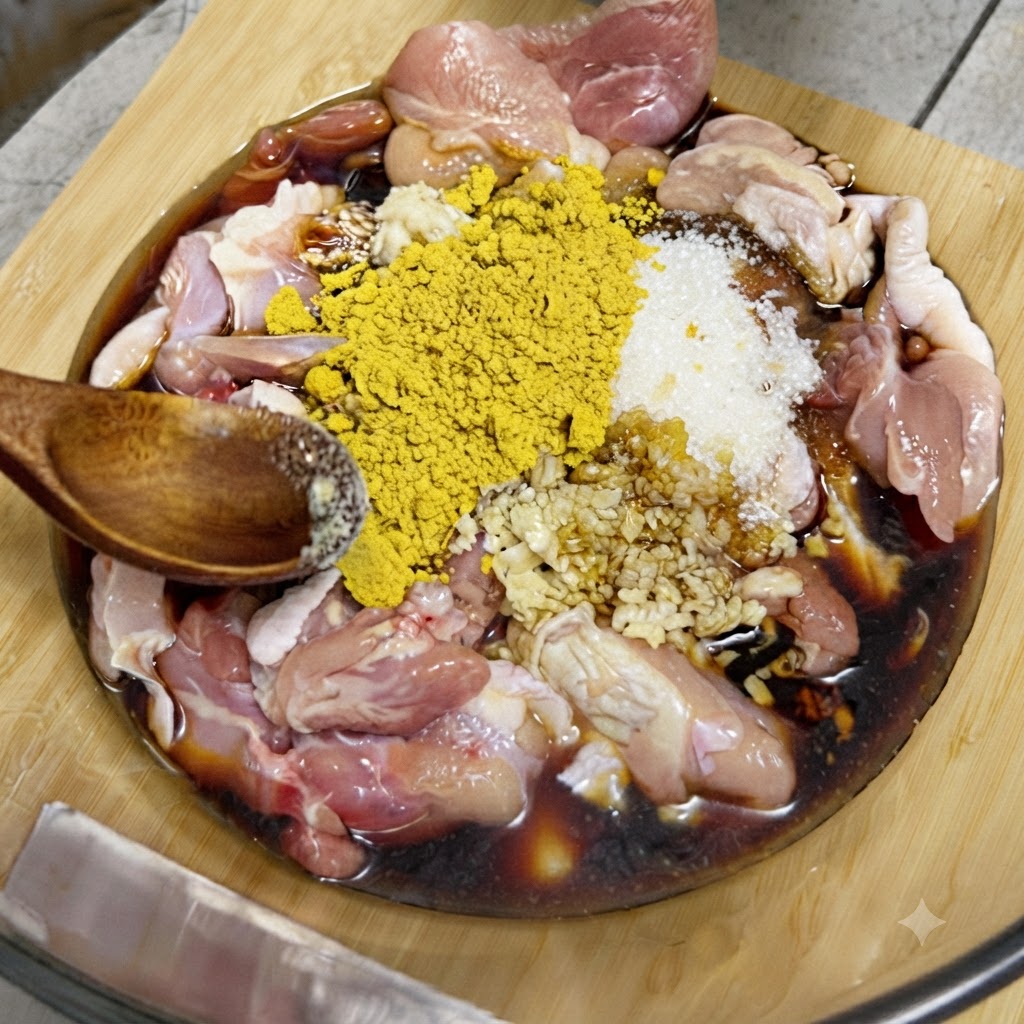 Un tas de poudre de curry jaune et dail émincé ajouté sur du poulet cru et de la sauce dans un bol en verre.