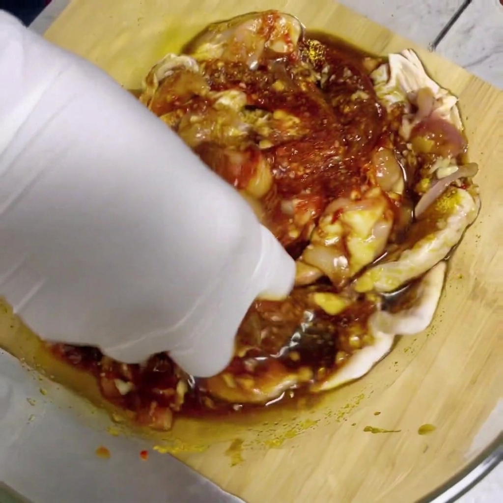 Une main portant un gant blanc mélangeant des morceaux de poulet cru et de la sauce marinade rouge dans un bol en verre.