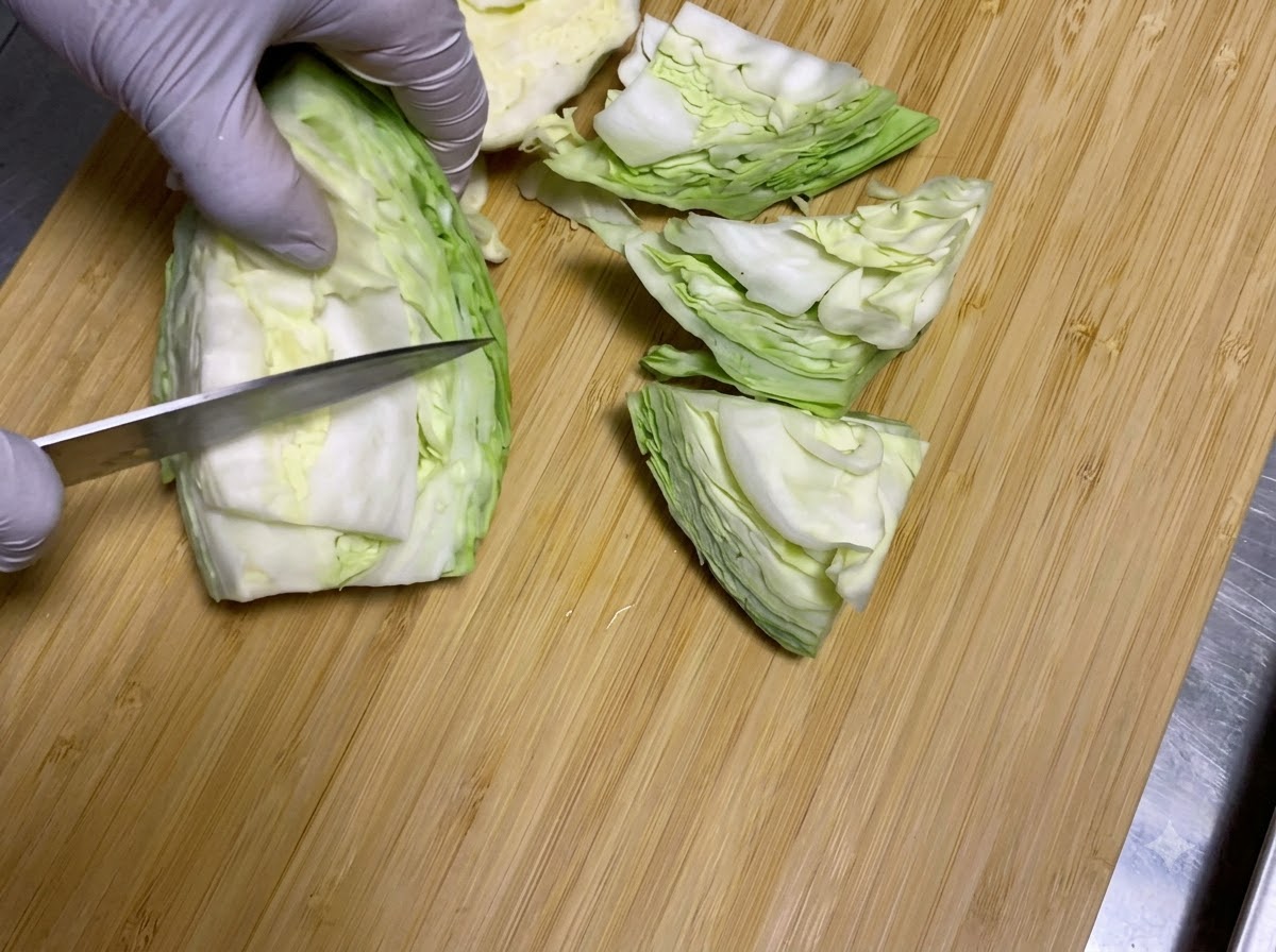 Un couteau de chef coupant une tête de chou vert cru en grands quartiers sur une planchette à découper en bois.
