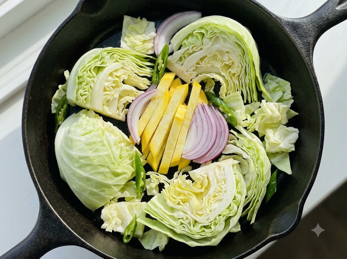 Des morceaux de chou fraîchement coupés, des oignons rouges tranchés, des poireaux et des bâtonnets de patate douce jaunes disposés dans une poêle en fonte.