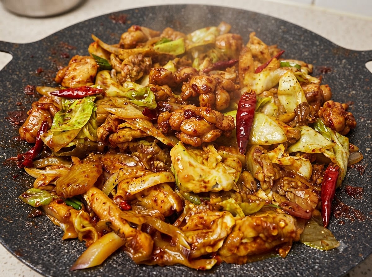 Une grande poêle remplie de morceaux de poulet sautés, de chou et de piments rouges séchés scintillant dans une sauce rouge.