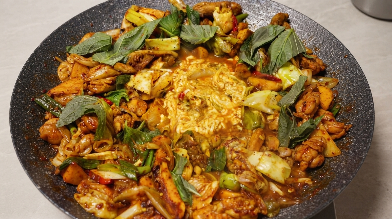 Une poêle grésillante de Dak-galbi au Fromage, comprenant du poulet mariné au gochujang épicé, des patates douces et du chou autour dun cœur de mozzarella fondante.
