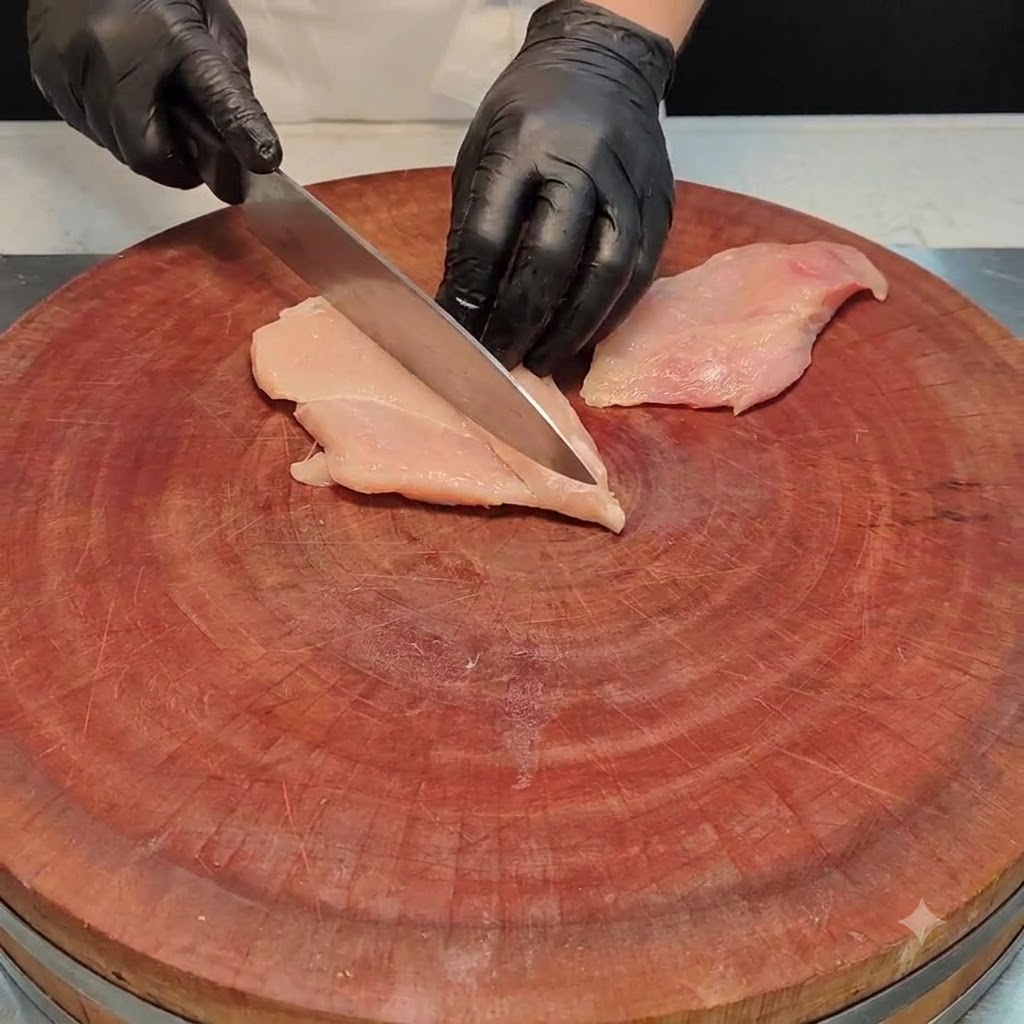 Une poitrine de poulet soigneusement ouverte en deux avec un couteau de chef sur une planche à découper ronde en bois.