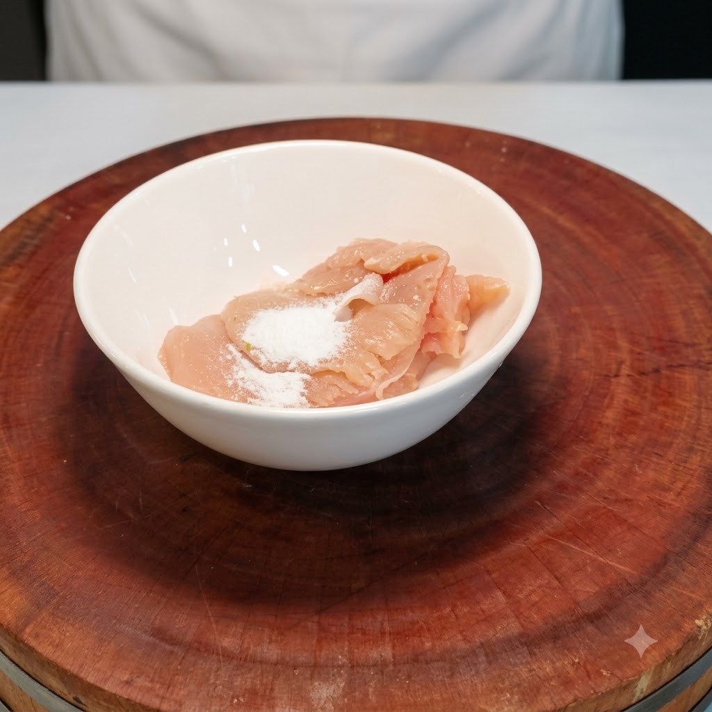 Des morceaux de poulet dans un bol blanc garnis de quantités mesurées de sel et de vin de cuisine.