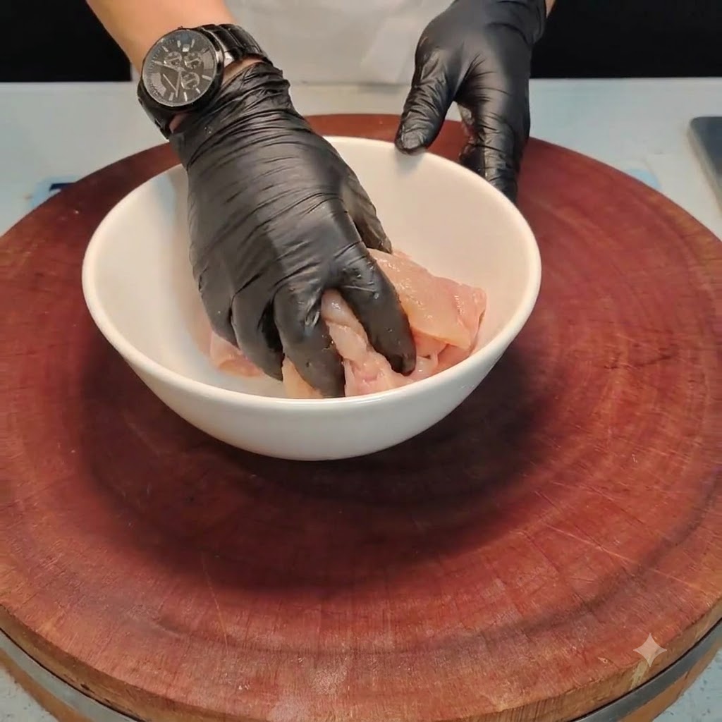 Des mains gantées mélangeant des morceaux de poulet et des assaisonnements à lintérieur dun bol blanc.