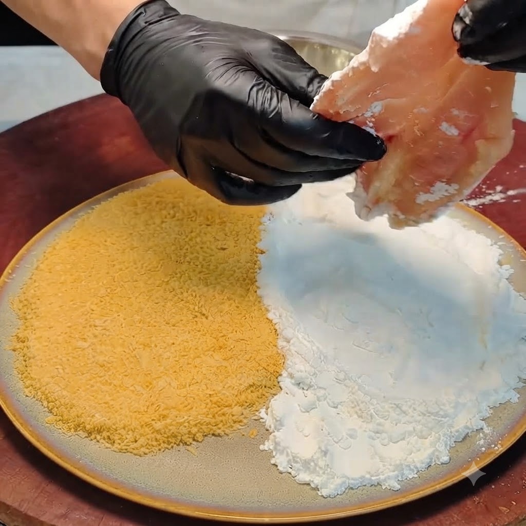 Une côte de poulet marinée soulevée dune assiette recouverte dune épaisse couche de fécule blanche.