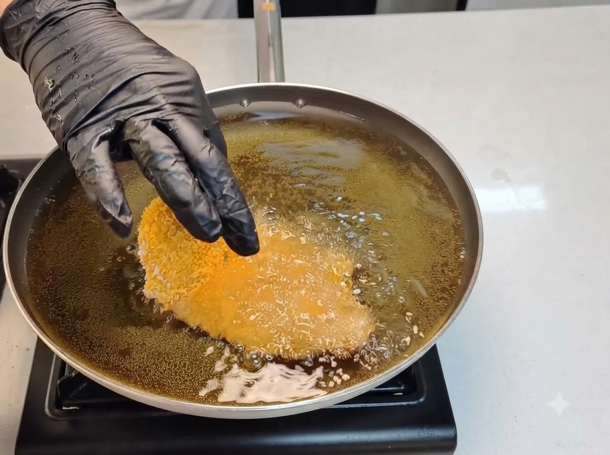 Une côte de poulet panée en train dêtre plongée dans de lhuile bouillante frémissante dans une poêle.