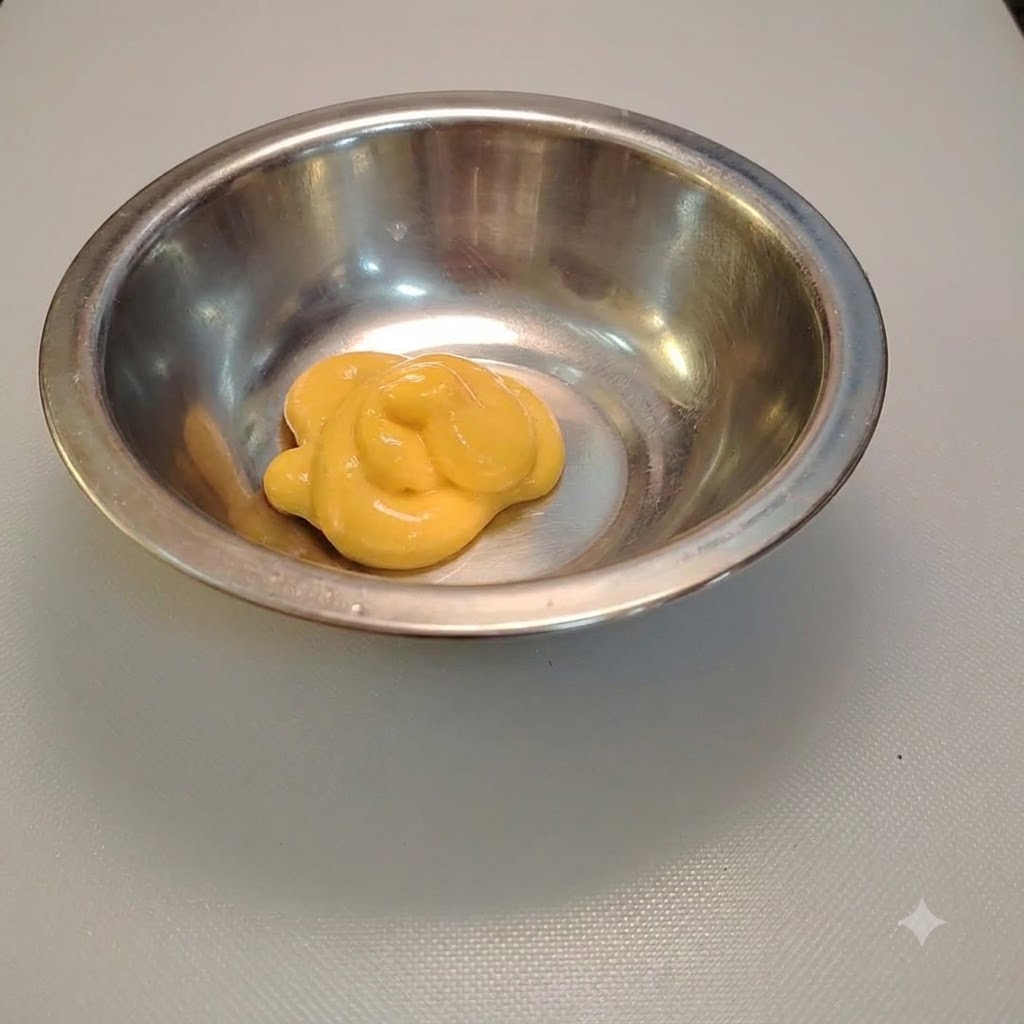 De la sauce salade au fromage pressée dans un bol mélangeur en métal brillant.