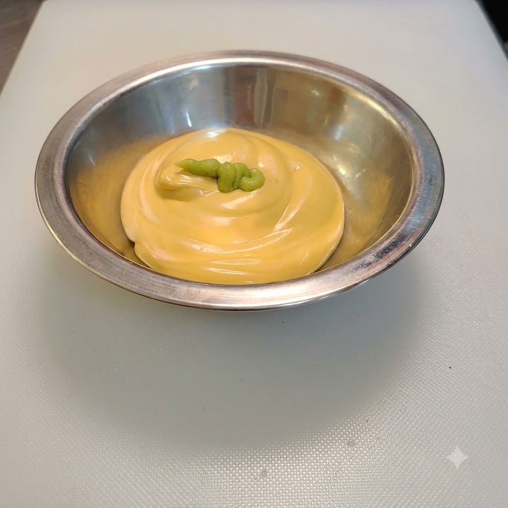 De la pâte de wasabi verte ajoutée par-dessus la sauce salade au fromage dans un bol.