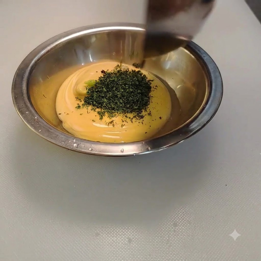 Des flocons de persil séché saupoudrés sur le mélange de sauce dans un bol.
