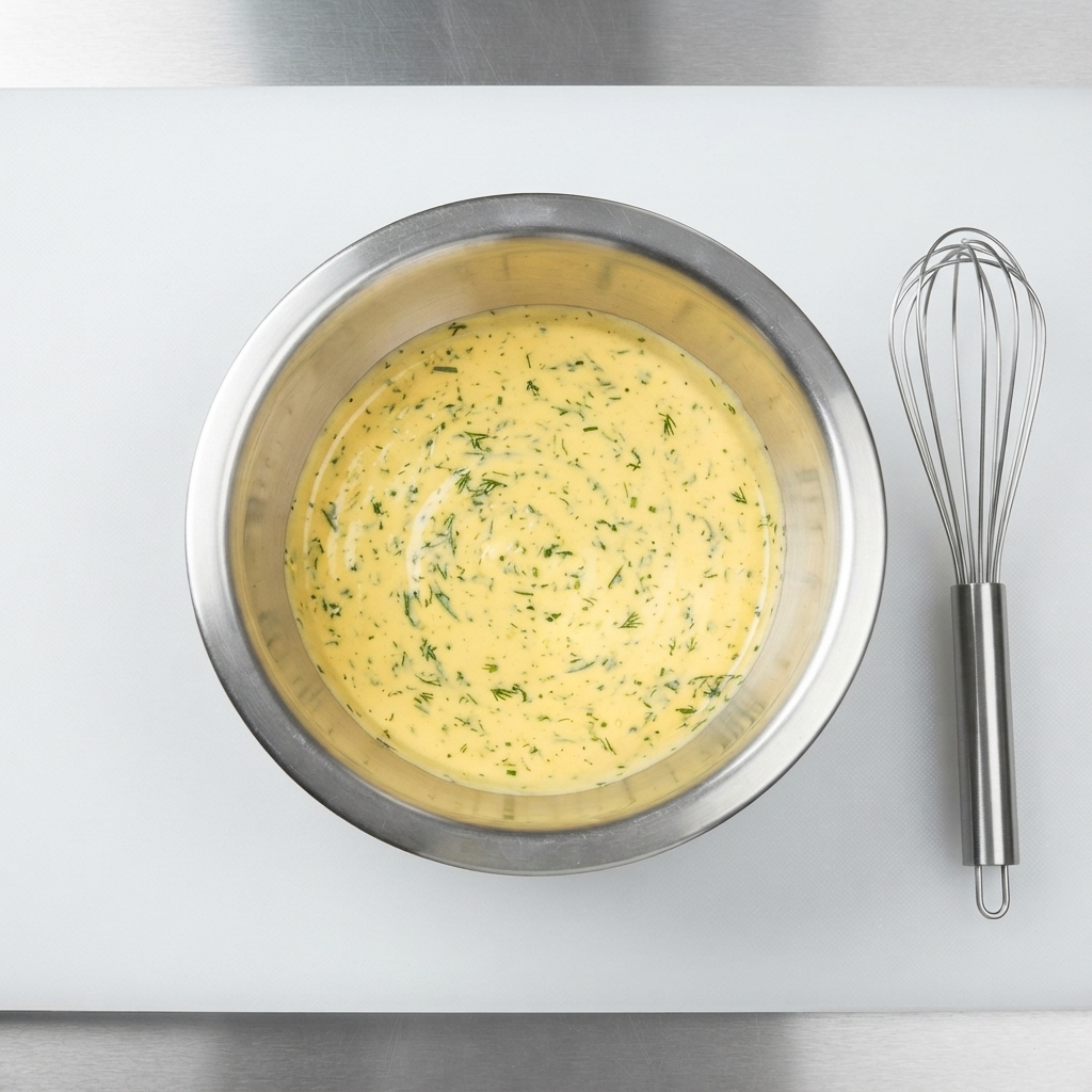 Un bol en métal contenant la sauce au fromage et au wasabi bien mélangée, accompagné dun fouet sur une planche à découper blanche.