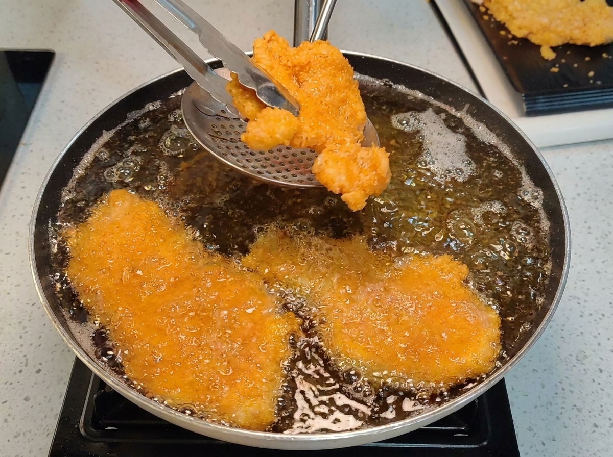 Des côtes de poulet frites dorées retirées dune poêle dhuile chaude à laide de pinces et dune écumoire.